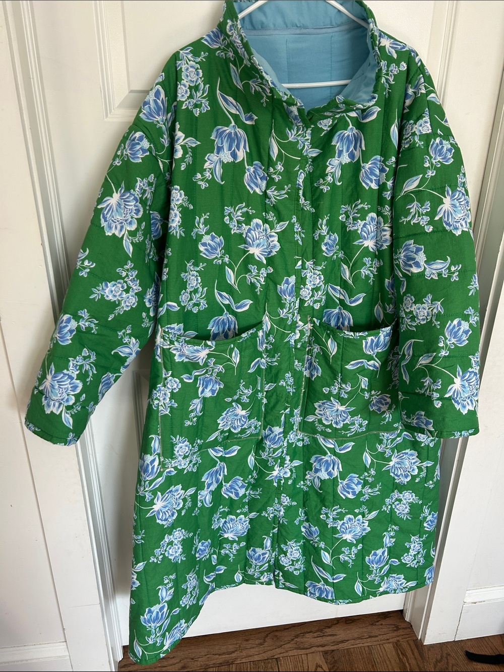Handmade Quilt Jacket Green Floral Quilted Coat with Blue Flower Draper James - Picture 2 of 5